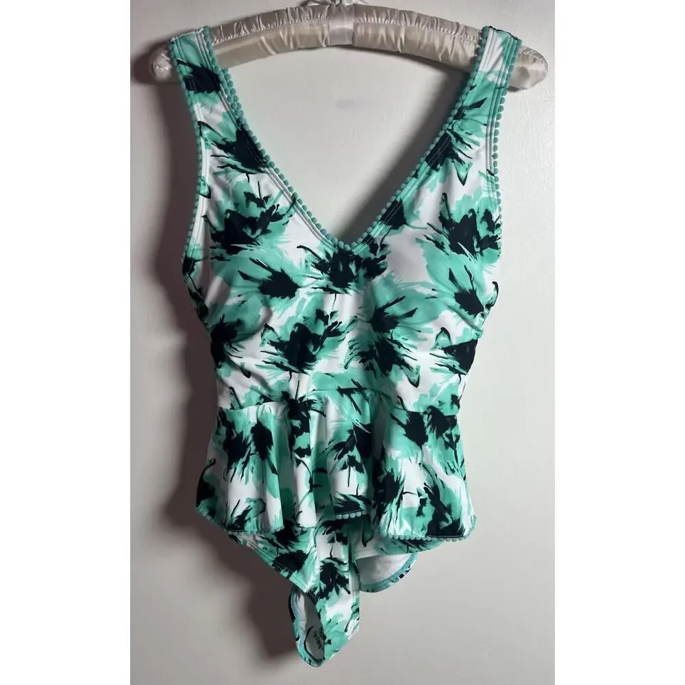 Nicole Miller Women’s Teal Pompom‎ One Piece Size 8 Ruffle Swimsuit NWOT